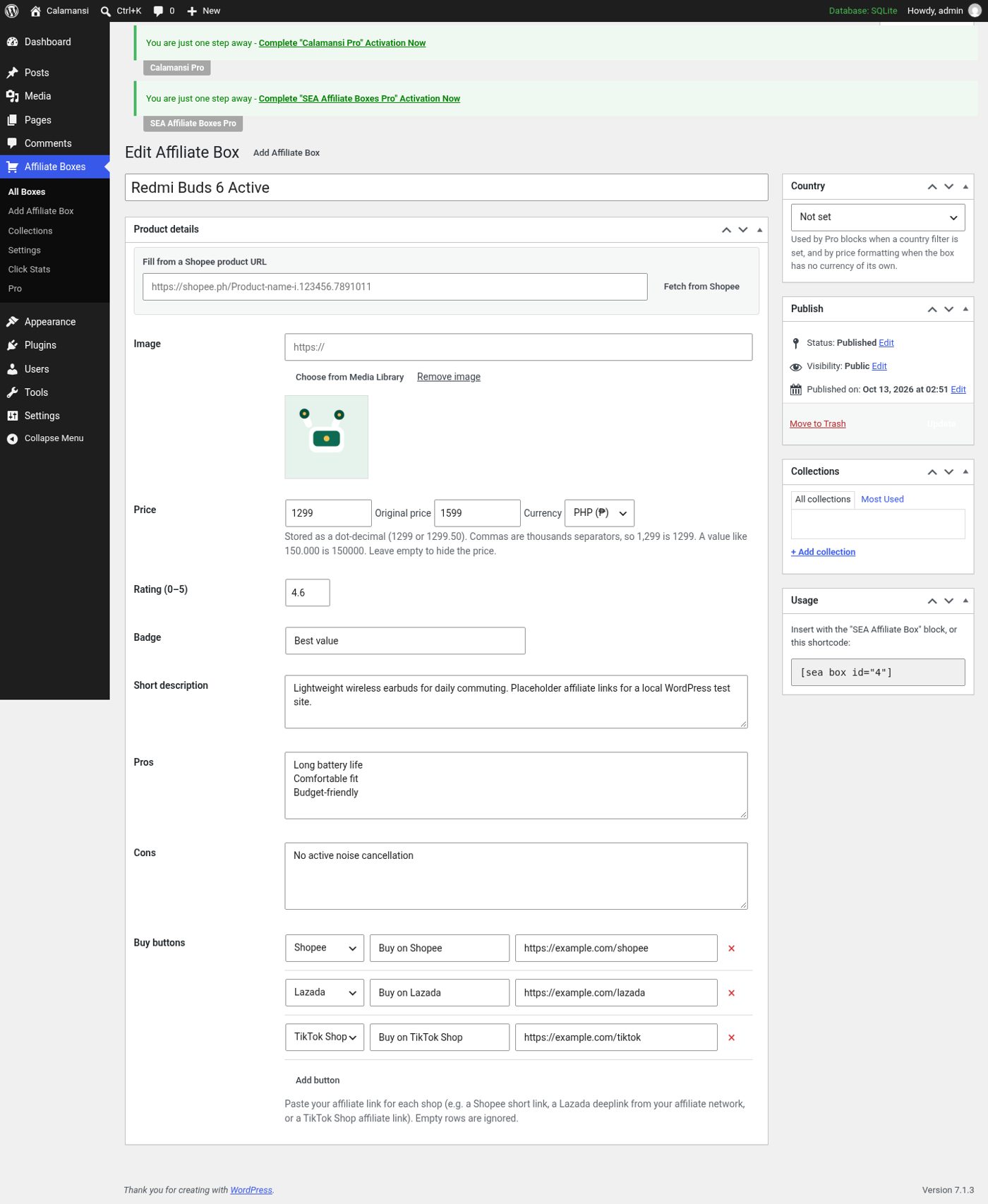 Editing a box: price, rating, pros and cons, and one button per shop