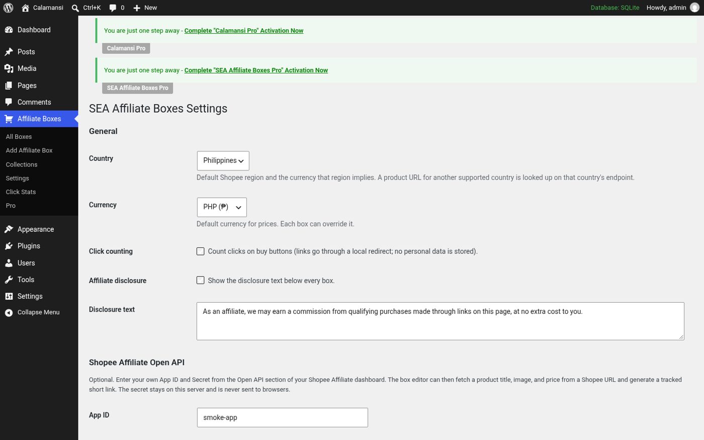 The SEA Affiliate Boxes settings screen