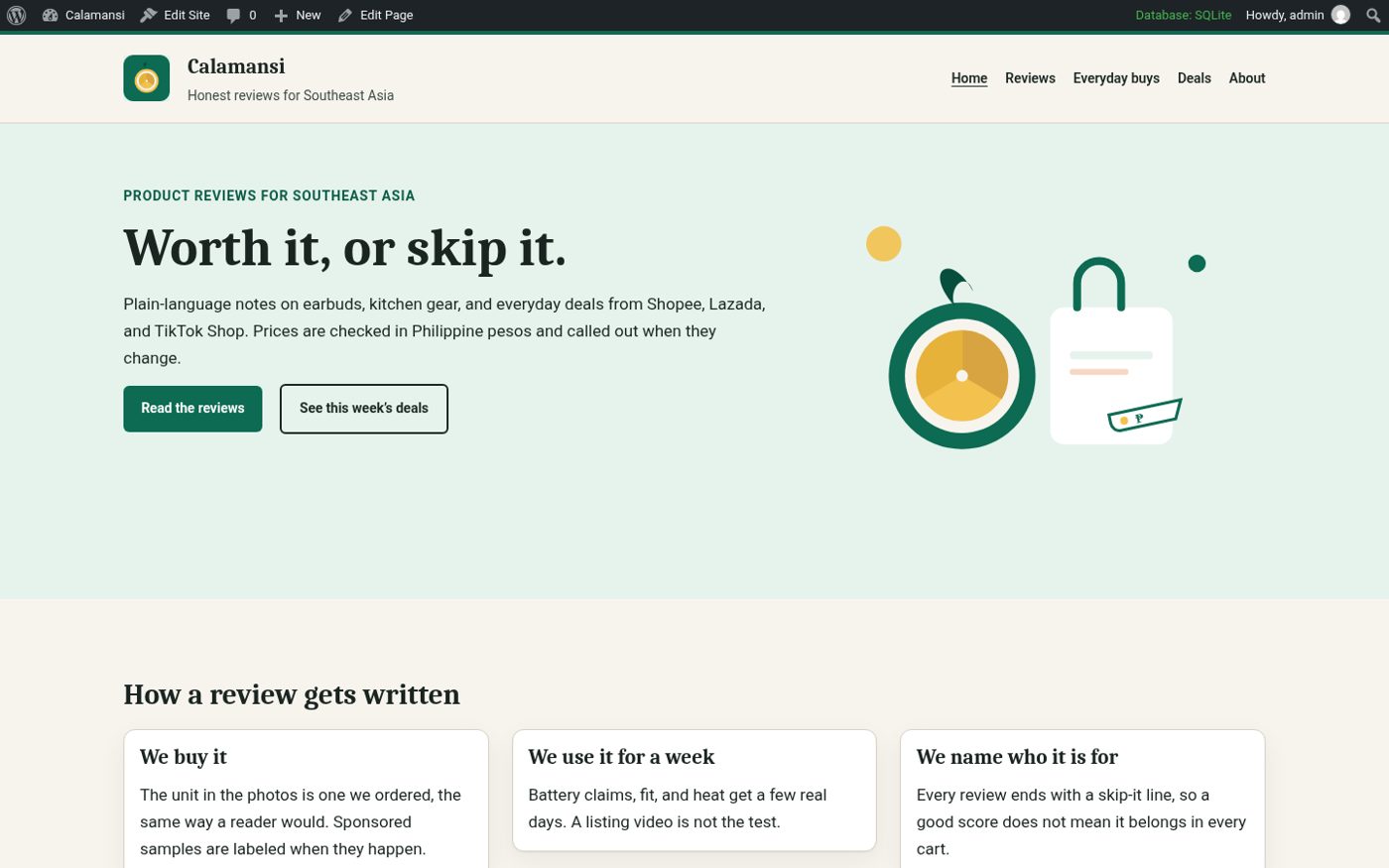 The Calamansi homepage on our test site