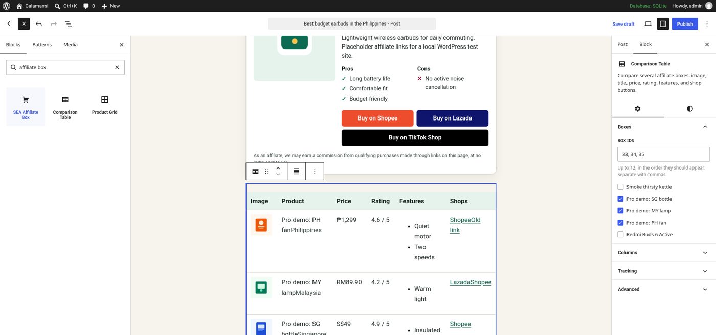 The Comparison Table block in the editor, reusing saved boxes