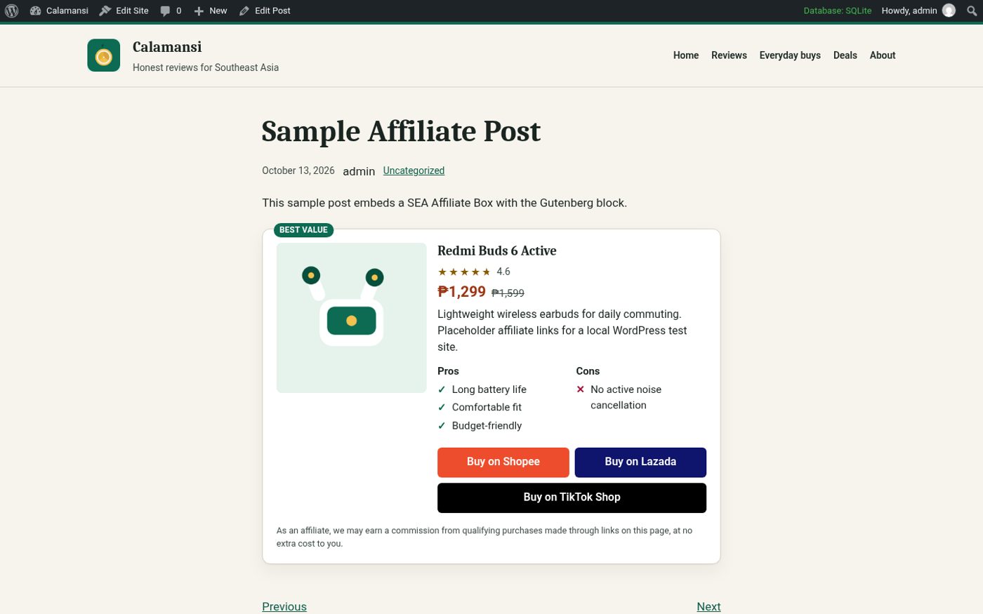 A published post with a product box and Shopee, Lazada and TikTok Shop buttons