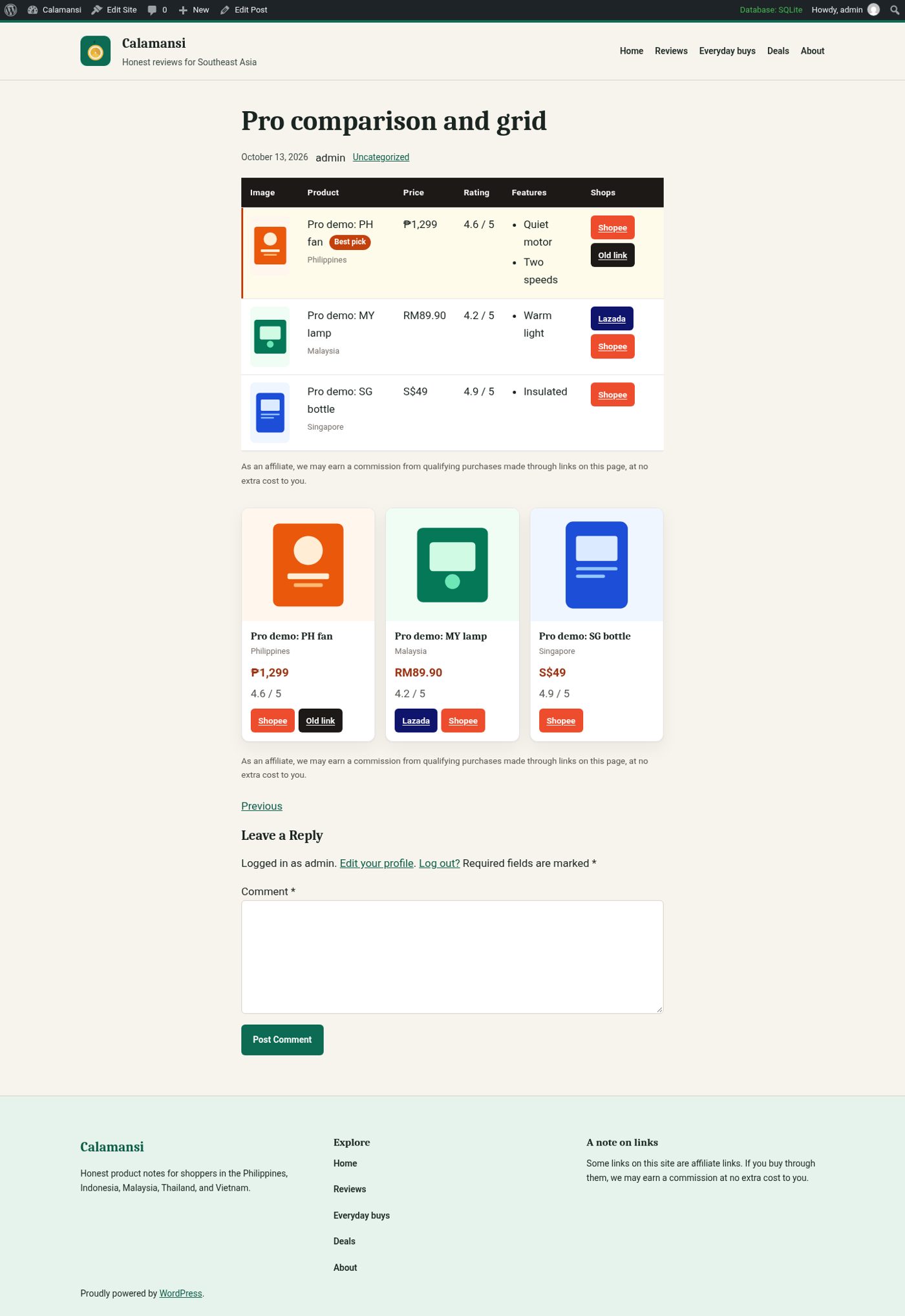 A comparison table with a best pick, local prices and shop buttons, followed by a product grid