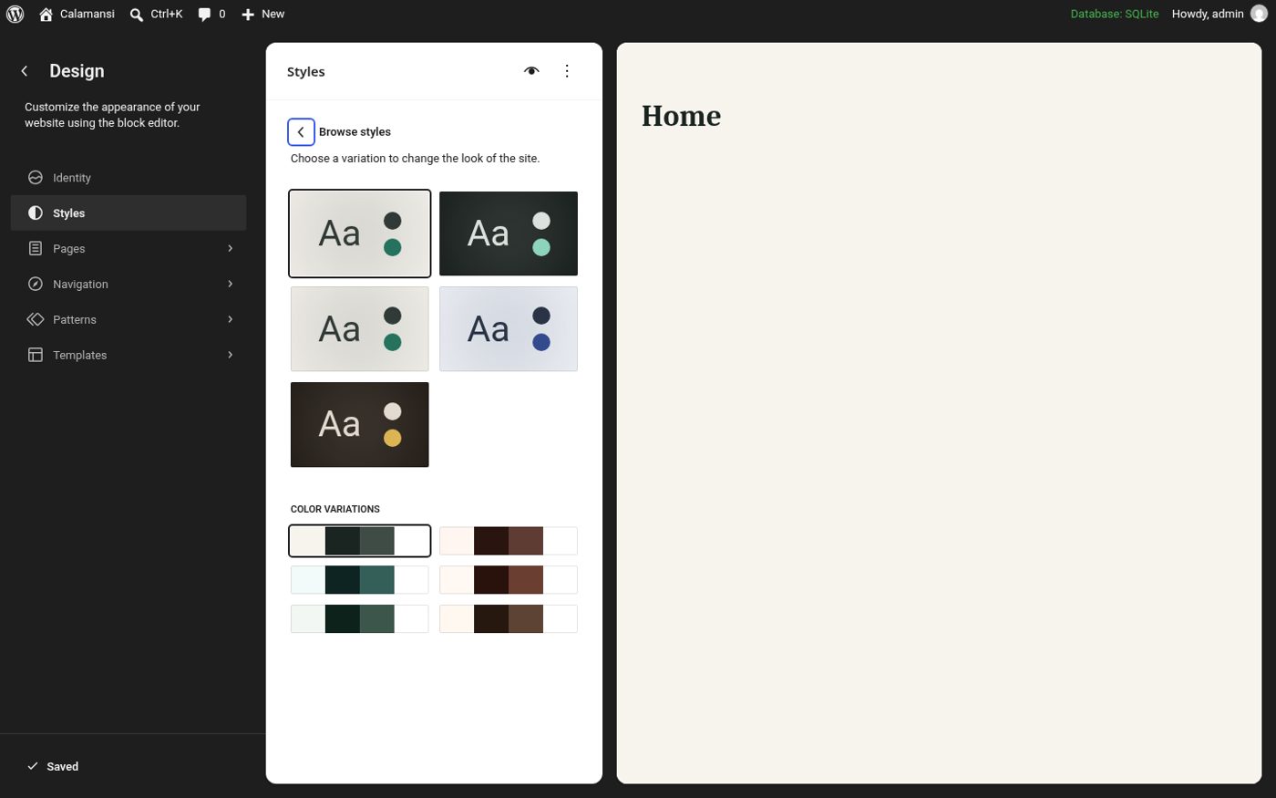 Browsing Calamansi's style variations in the Site Editor