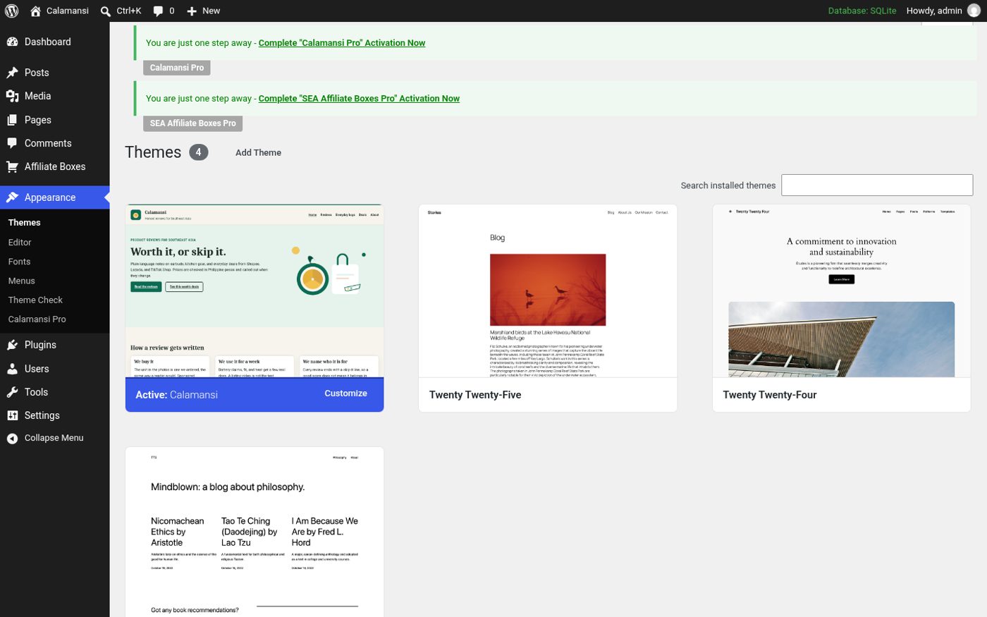 Calamansi activated under Appearance → Themes
