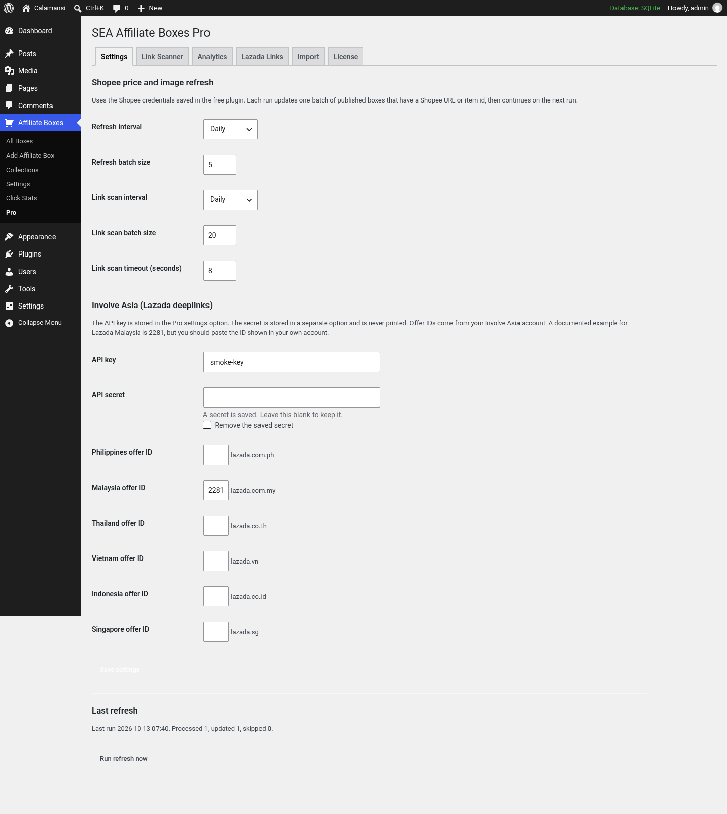 Settings screen
